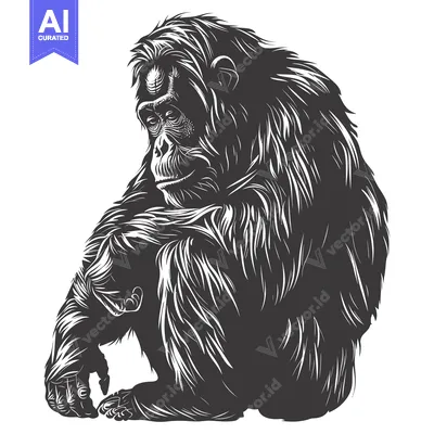 Aset premium populer: A Black and White Illustration of a Sitting Orangutan