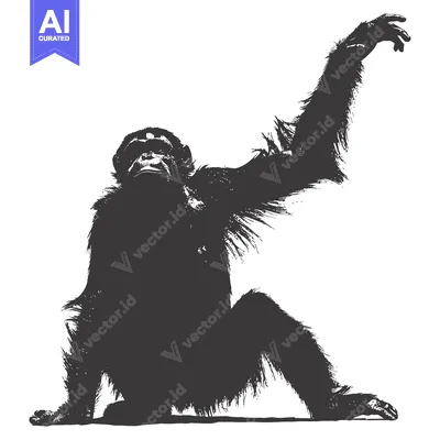 Aset desain premium: Black and White Silhouette of a Sitting Chimpanzee with One Arm Raised