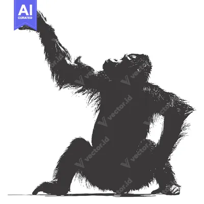 Aset desain premium: A Silhouette of a Sitting Ape Reaching Upward