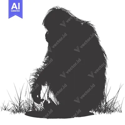 Aset desain premium: Silhouette of a Sitting Orangutan in Tall Grass