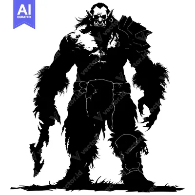 Aset desain premium: Silhouette of a Powerful Orc Warrior with Weapons