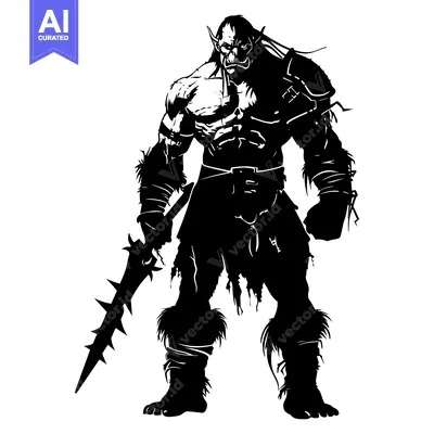 Aset desain premium: Silhouette of a Muscular Orc Warrior Holding a Spiked Weapon