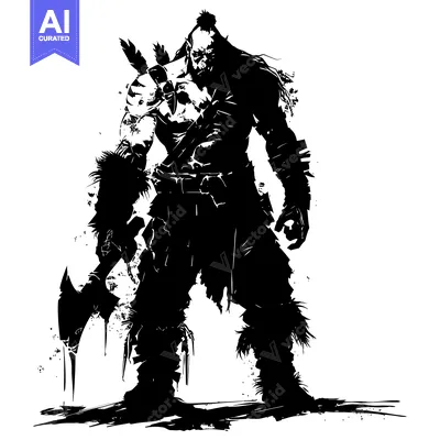 Aset desain premium: Silhouette of a Warrior with an Axe and a Fur Cloak