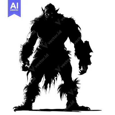 Aset desain premium: Silhouette of a Fearsome, Muscular Orcish Warrior with Claws and a Shi