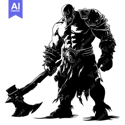 Aset desain premium: A Silhouetted Orc Warrior Holding a Double-Headed Axe