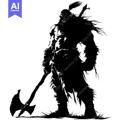 Aset desain premium: Silhouette of a Warrior Orc Holding a Double-Headed Axe