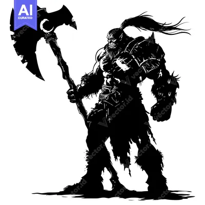 Aset desain premium: A Silhouette of a Fierce Orc Warrior with a Massive Axe