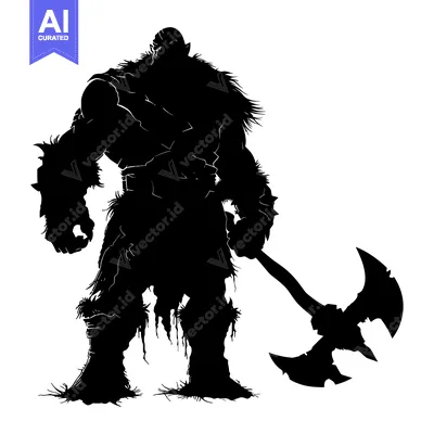 Aset desain premium: Silhouette of a Muscular Orc Warrior Holding a Double-Headed Axe