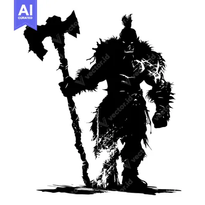 Aset desain premium: Silhouette of a muscular warrior wielding a double-headed axe