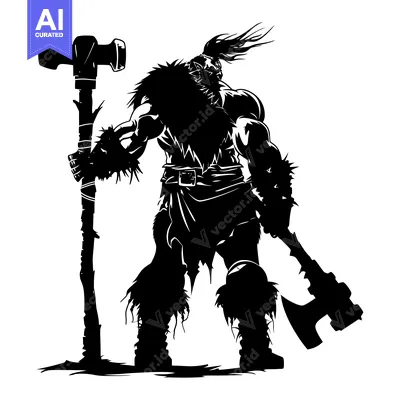 Aset desain premium: Silhouette of a Powerful Warrior Holding a Large Hammer and Axe