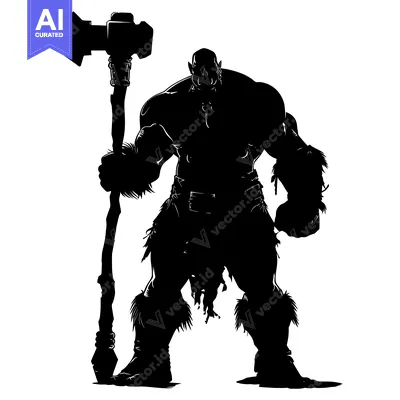 Silhouette of a Powerful Orc Holding a Large Hammer