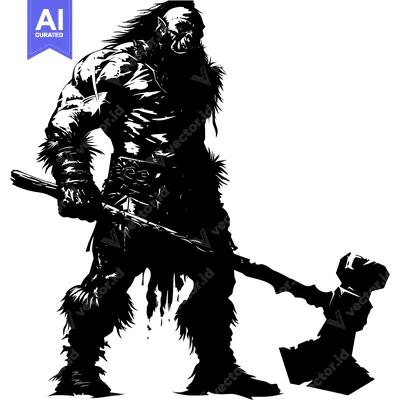 A Black and White Silhouette of a Ferocious Orc Warrior Holding a Mass