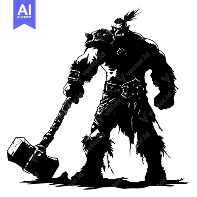 Aset premium populer: Black and White Silhouette of a Large Orc Warrior Holding a Hammer