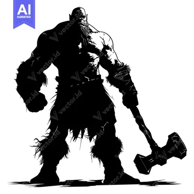 Aset desain premium: Silhouette of a Muscular Orc Warrior Holding a Large Hammer