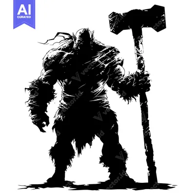 Aset premium populer: Silhouette of a Muscular, Furry Creature Holding a Large Hammer