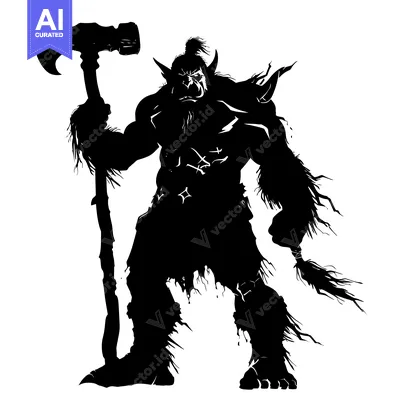 Aset desain premium: Silhouette of a Ferocious Orc Holding a Two-Handed Axe