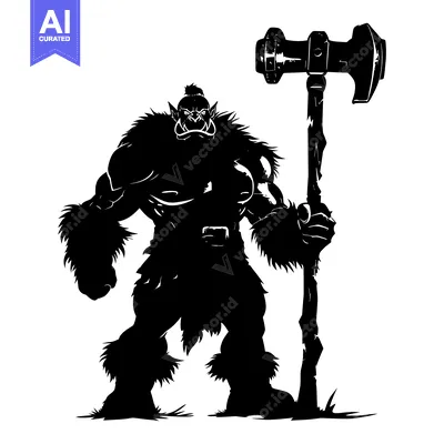 Aset premium populer: Black and White Silhouette of a Muscular Orc Holding a Large Hammer
