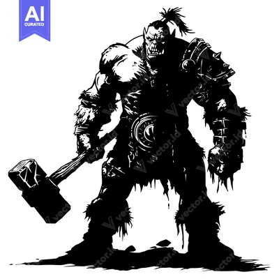 A Black and White Silhouette of an Orc Warrior Holding a Large Hammer