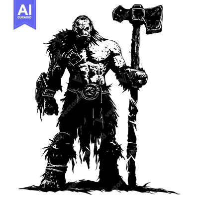 Aset desain premium: A Black and White Illustration of a Muscular, Furry Orc Holding an Axe