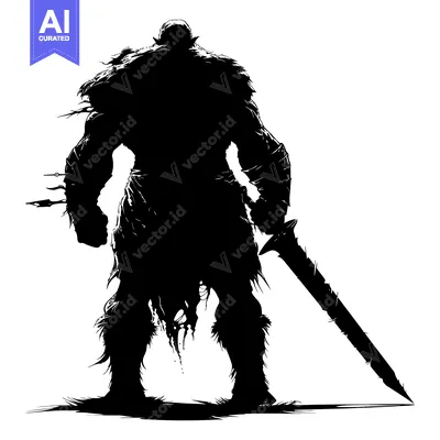 Aset desain premium: Silhouette of a Large, Muscular Warrior Holding a Sword