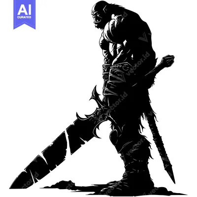 Aset desain premium: A Silhouette of a Muscular Orc Holding a Large Sword