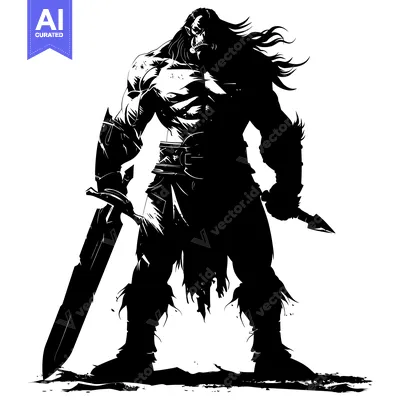 Silhouette of a Muscular Orc Warrior Holding a Sword and Dagger