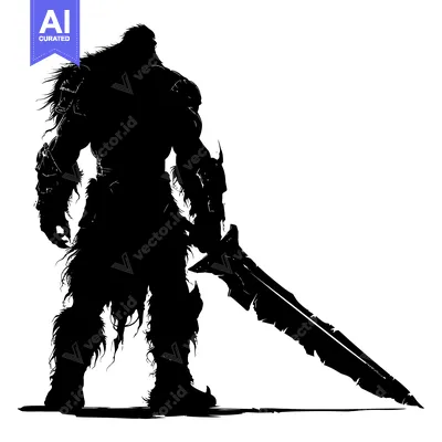 Silhouette of a Muscular, Furry Warrior Holding a Large Sword