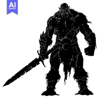 Aset desain premium: Silhouetted Orc Warrior Holding a Sword