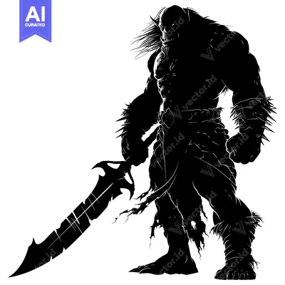 Aset desain premium: Silhouette of a muscular orc warrior holding a large sword
