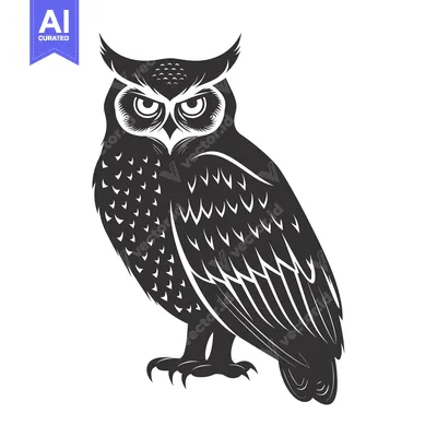 Aset desain premium: Black and White Illustration of a Perched Owl