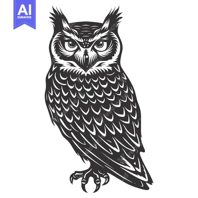 Aset desain premium: A Black and White Illustration of an Owl with Sharp Talons and Intrica