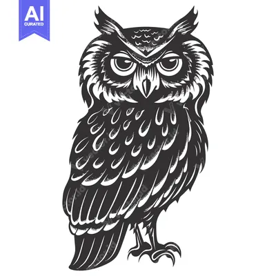 Aset premium populer: Black and White Illustration of a Standing Owl