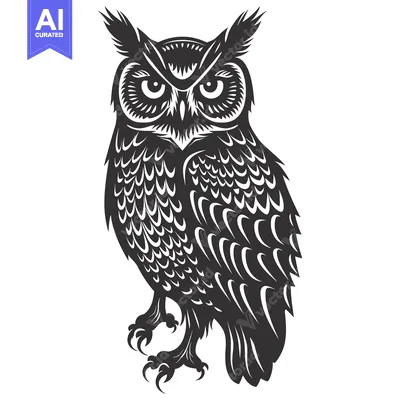Premium design asset: A Black and White Illustration of an Owl with Detailed Feathers and Cl