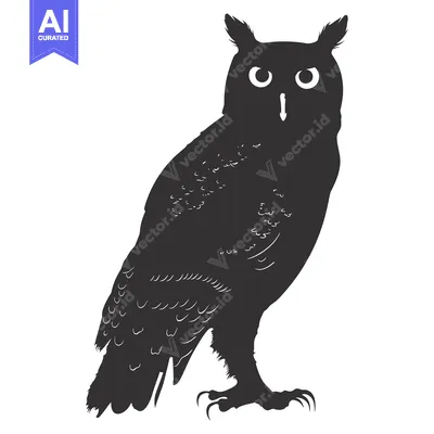 Black and white silhouette of an owl with large eyes and talons