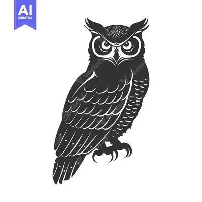 Aset premium populer: Black and White Illustration of an Owl with Sharp Eyes and Feathered B