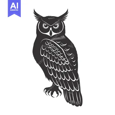 Aset premium populer: Black and White Silhouette of an Owl with Detailed Feathers