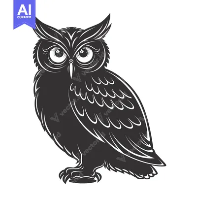 Aset desain premium: Black and White Illustration of a Detailed Owl with Large Eyes