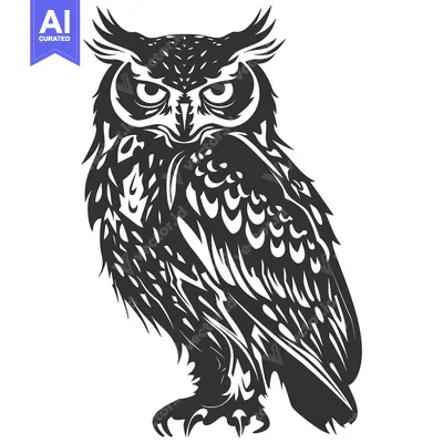 Aset premium populer: A Stylized Black and White Illustration of an Owl
