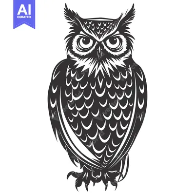 Black and White Illustration of a Fierce Owl with Detailed Feathers