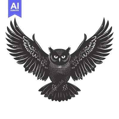 Aset desain premium: Black and White Silhouette of an Owl with Spread Wings