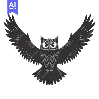 Aset premium populer: A Detailed Black and White Illustration of an Owl in Flight