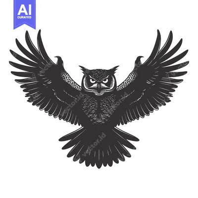 Aset premium populer: A Black and White Illustration of an Owl With Spread Wings