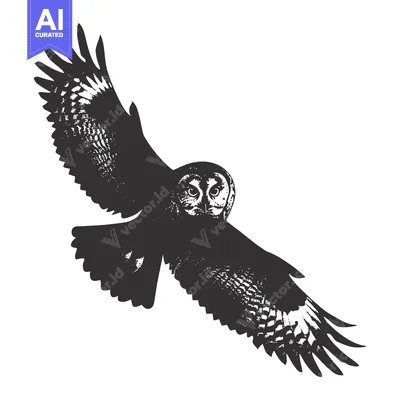 Popular premium asset: A Detailed Black and White Illustration of an Owl in Flight
