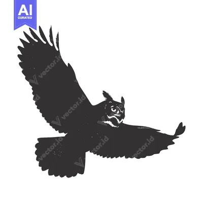 Aset desain premium: A Black and White Silhouette of an Owl in Flight