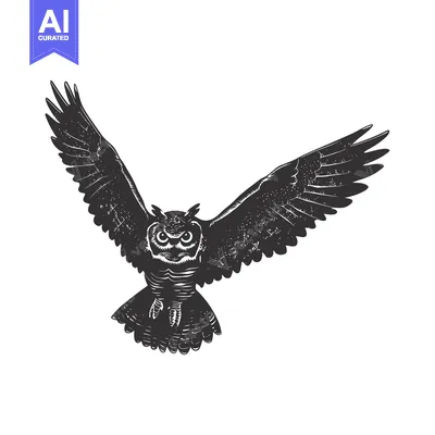 Aset desain premium: A black and white illustration of an owl in flight