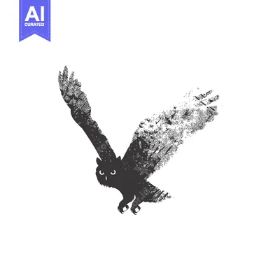 Aset premium populer: A Silhouette of an Owl in Flight, Disintegrating into Scattered Fragme