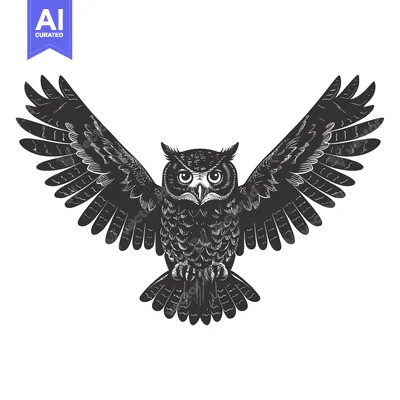 Aset desain premium: A Black and White Sketch of an Owl in Flight with Wings Spread Wide