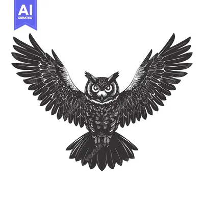 Popular premium asset: A Black and White Illustration of an Owl in Flight with Spread Wings