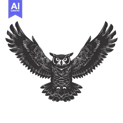 Aset premium populer: Black and White Illustration of an Owl with Spread Wings