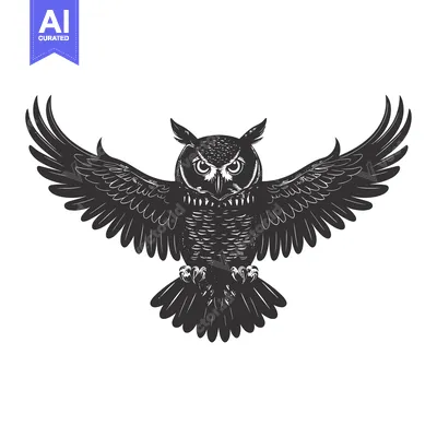 Aset premium populer: Black and White Illustration of an Owl in Flight